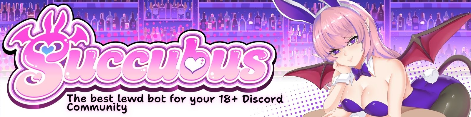 "Succubus" logotext with "The best lewd bot for your 18+ Discord Community" subtext. Suu-chan (SuccubusBot's Mascot) is on the right, with a bar + gradient background.